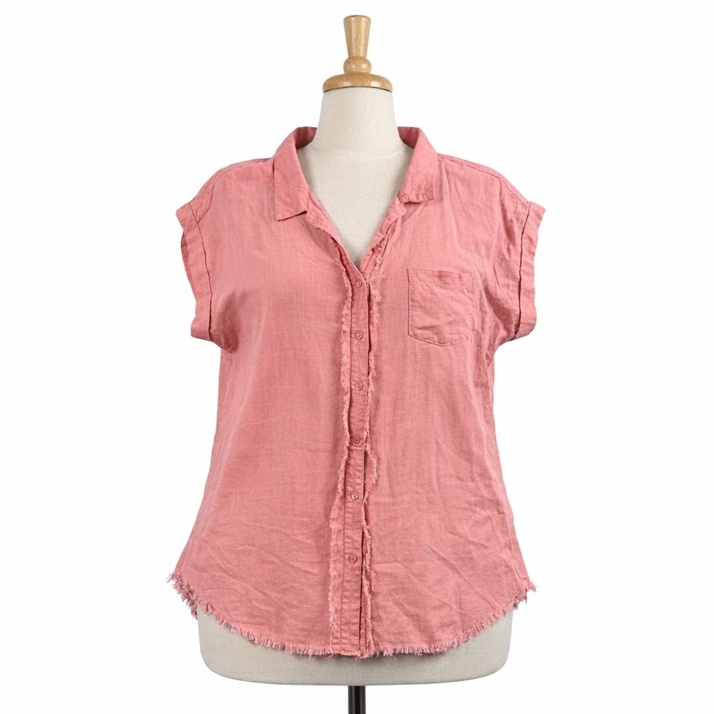 Umgee Pink Linen Blend Raw Hem Shirt 1XL Boho Coastal‎ Cottagecore Lagenlook